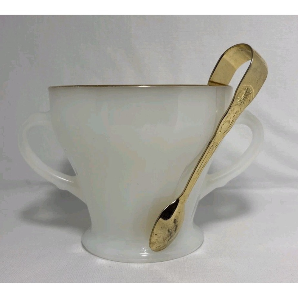 Vintage Anchor‎ Hocking Fire-King White Milk Glass Sugar Bowl Gold Trim W/ Tongs